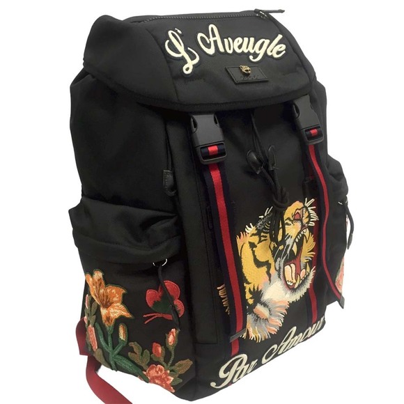 Gucci Tiger Backpack Travel Bag Push Lock Techno Canvas Black - Picture 1 of 9